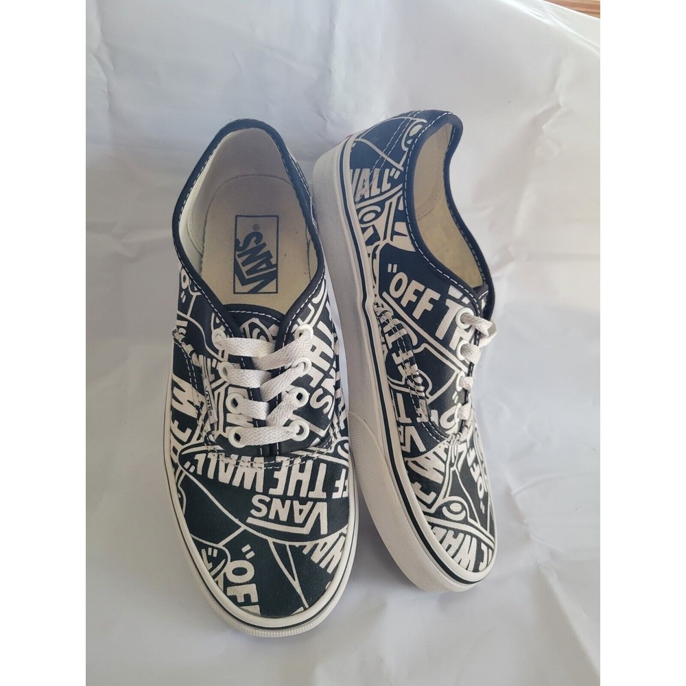 Vans Off The Wall Women 7 Men 5.5 Logo All Over Print Shoes 721356 Black White - Picture 3 of 11